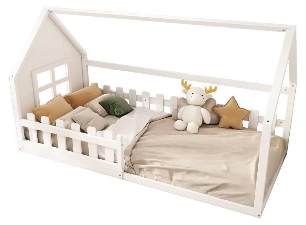 Hausbett - Kinderbett - Rahmen aus Kiefernholz - Kindersicheres Design - Matratzengröße 90 x 200 cm - Größe 140 x 200 cm - Weiß