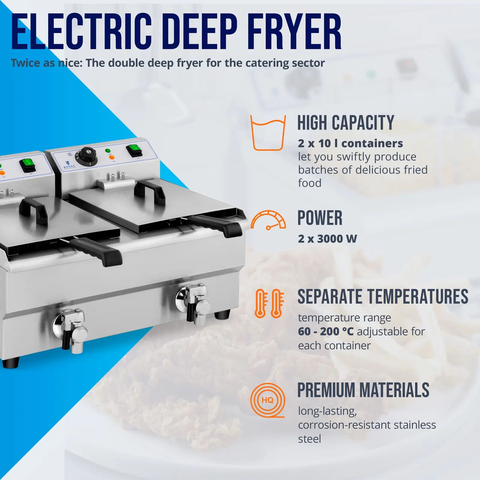 Royal Catering Friggitrice elettrica - 2 x 10 litri - 6000 W - rubinetto di scarico -  RCEF 10DB