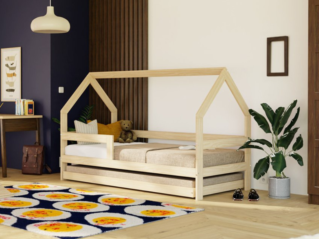 Kinderholzbett Hausbett SAFE 3-in-1 mit Barriere und Ausziehbett 90x160 cm Marineblau, Mit zwei Barrieren