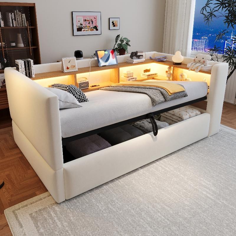 Schlafsofa 90x190cm in Beige mit hydraulischem Stauraum, LED-Beleuchtung, Steckdose und Ablagefächern, Flanellbezug