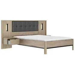 Gami, Bett, Bett für Erwachsene mit verkleideten Nachttischen - MAXIMIN - 140 x 190 cm - Helle Krönberg-Eiche (140 x 190 cm)