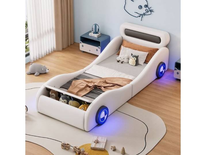 Lit enfant - SOGEU - Lit voiture capitonné - 90 x 200 cm - Revêtement PU - Roues lumineuses