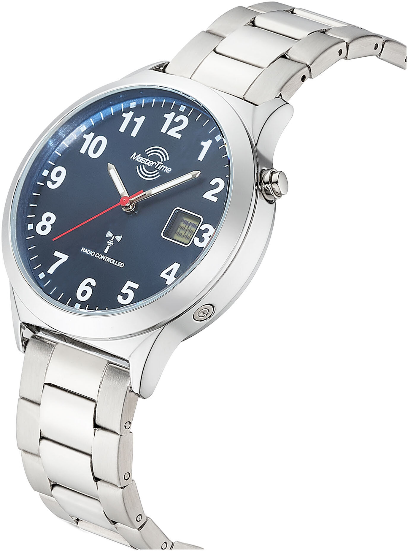 Funkuhr MASTER TIME, silber (silberfarben, dunkelblau, dunkelblau), Armbanduhren, Herren, silberfarben, Funkuhr, Quarzuhr, Armbanduhr, Herrenuhr, Edelstahlarmband, analog, digital
