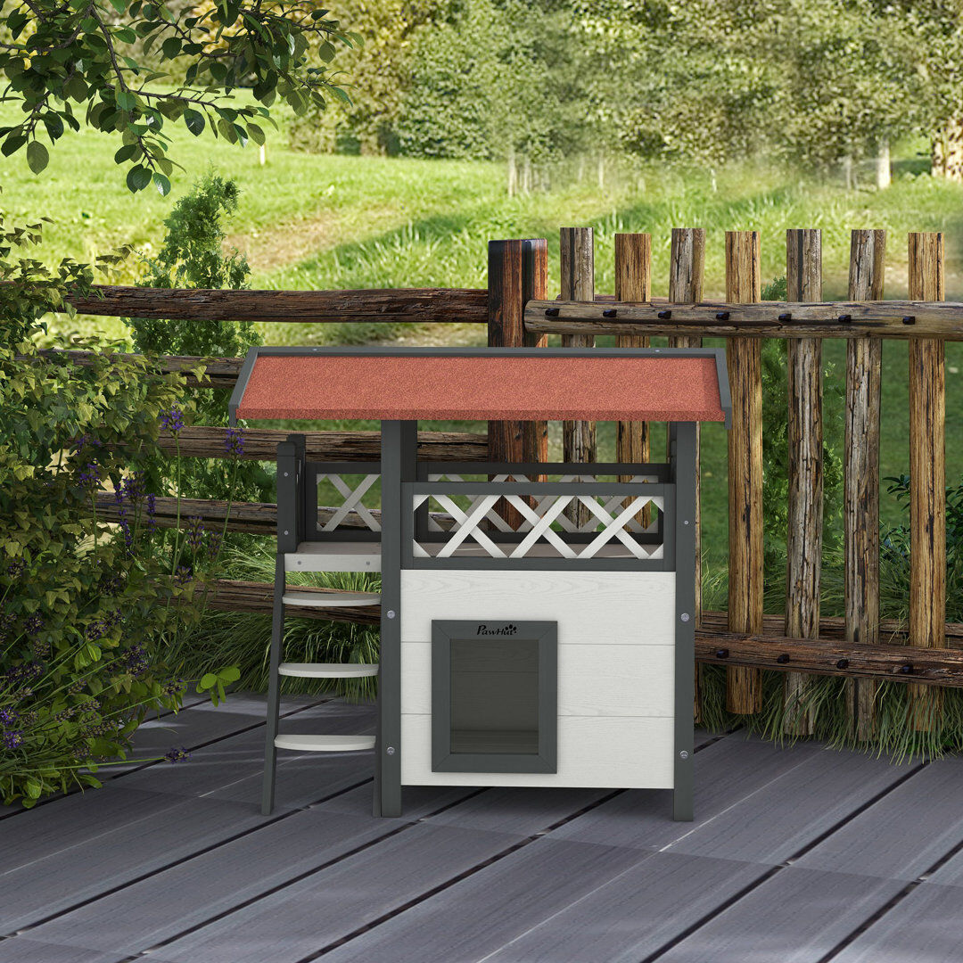 PawHut Outdoor Cat House with Balcony Stairs Roof White 73cm H X 77cm W X 50cm D