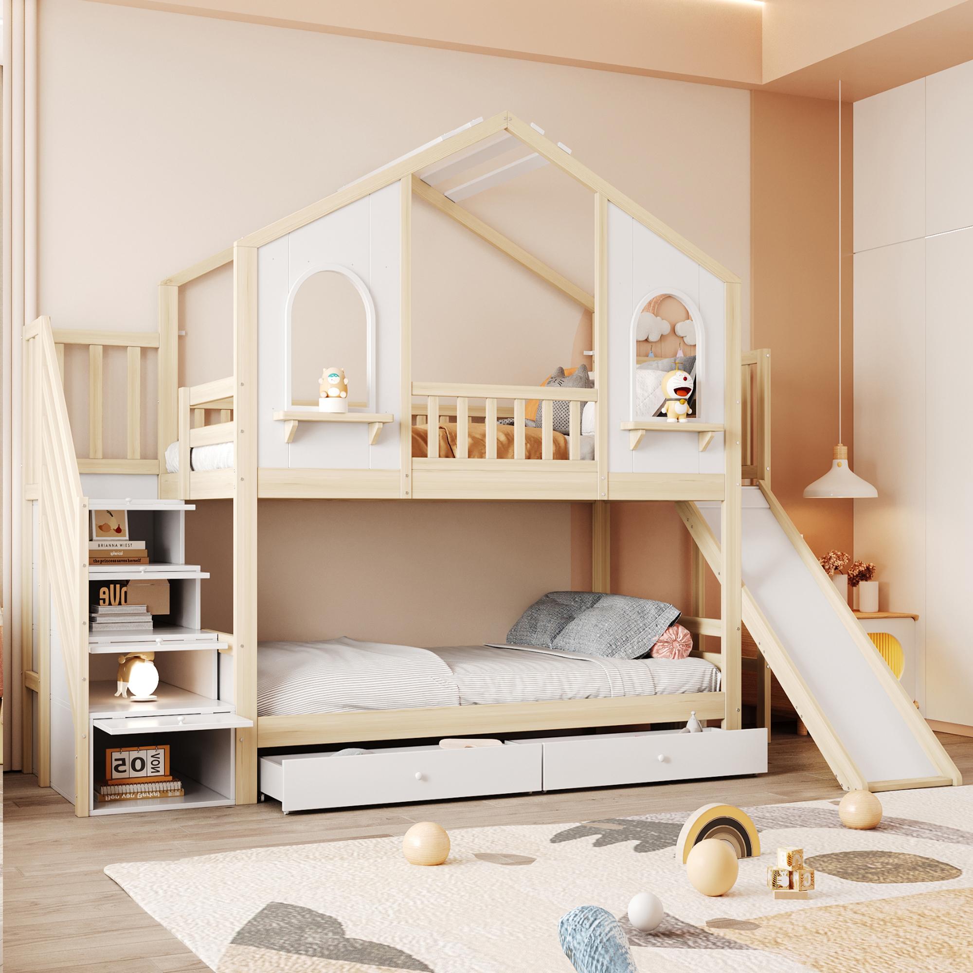 Merax Kinder-Etagenbett 90x200cm mit geschwungenen Fenstern und Aufbewahrungsleiter, Hausbett mit Rutsche und Schubladen, Doppelbett aus Holz, Holz