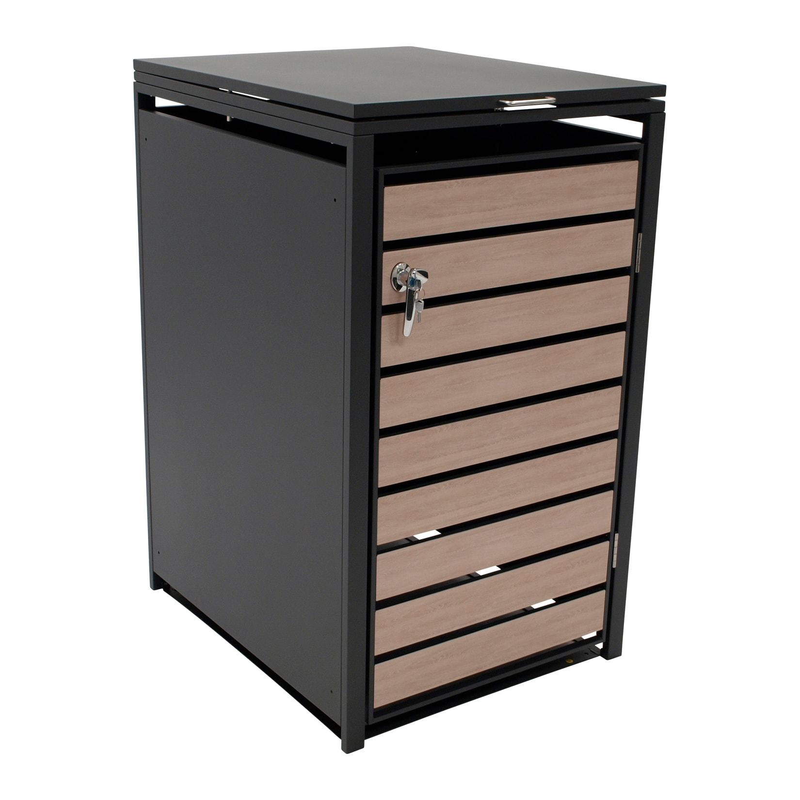 Mülltonnenbox BERLIN 68x80x116cm für Tonnen 120 und 240 Liter, Stahl anthrazit mit Türen Holzoptik