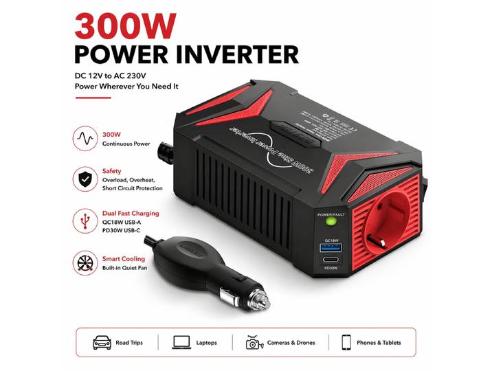 BESTEK 300 W Convertisseur de tension pur sinus, Convertisseur de voiture DC 12 V à 230 V AC avec chargeur rapide USB-C PD 30 W &amp; prise allume-cigare pour ordinateur portable
