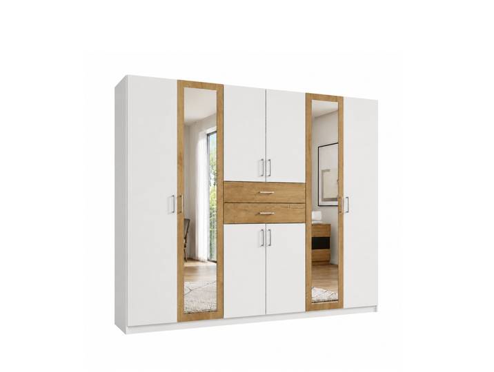 Drehtürenschrank Kleiderschrank 270 cm Schubkästen Spiegel Weiß und Eiche Dekor / 22595