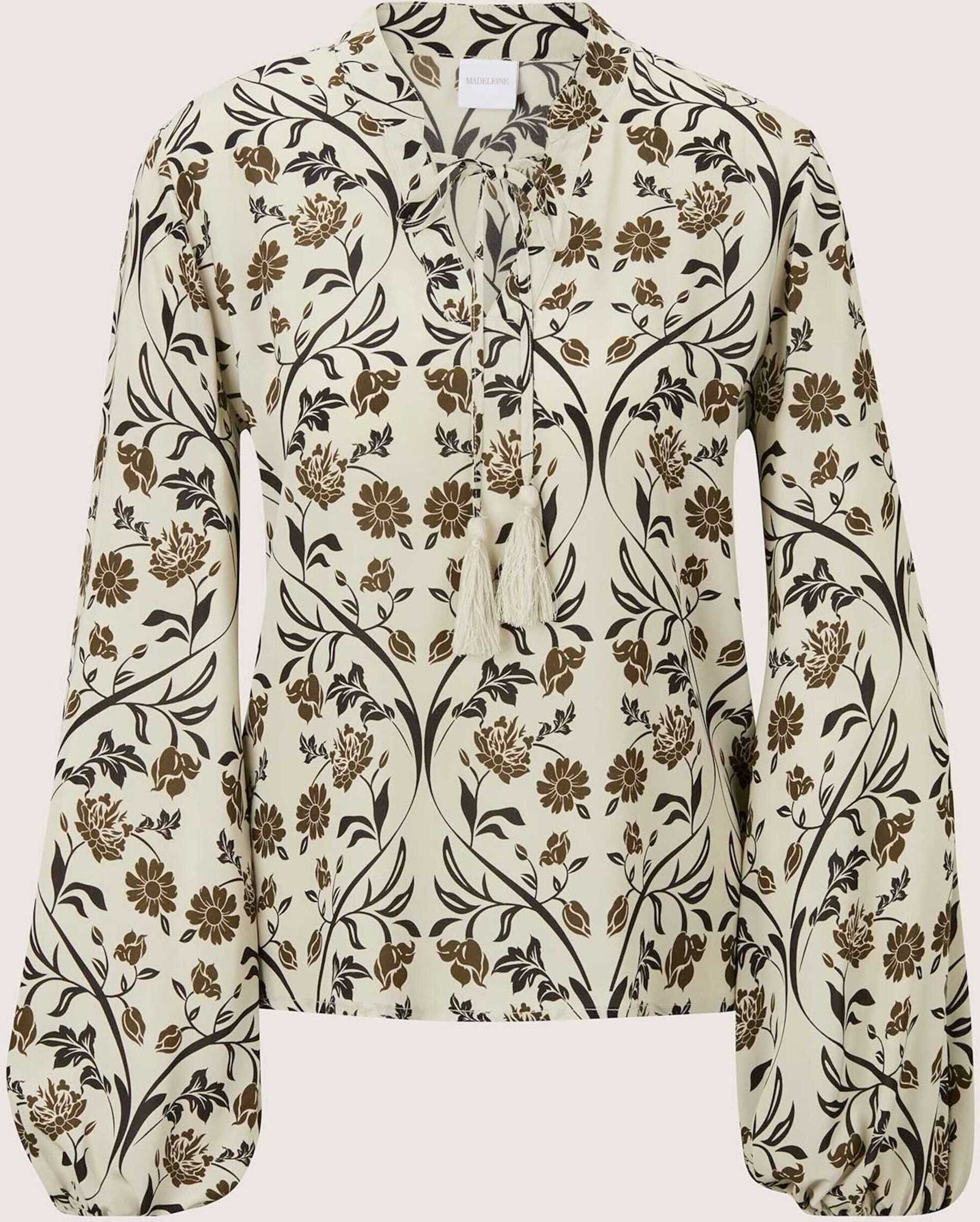 Tunika MADELEINE "Bluse Blütenbluse in Tunikaform", Damen, Gr. 42, braun (khaki, multicolor), Modern, comfort fit, Tuniken Tunika