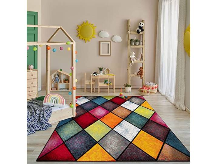 Paco Home Teppich Wohnzimmer Kinderzimmer Kurzflor Moderne 3D Optik Kariert Geometrische Muster, Grösse:200x290 cm, Farbe:Bunt 3