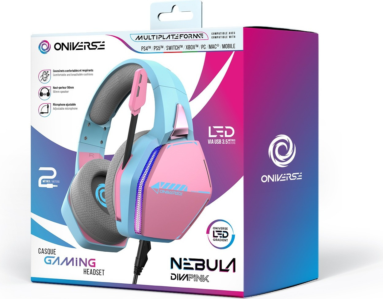 Oniverse Nebula Gaming Hoofdtelefoon met Microfoon, Azuurblauw en Roze