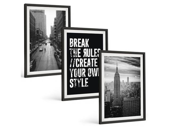 Tulup Bilder SET 3er Set - 40x60 cm Schwarzer Rahmen - Inspiration für Schwarz-Weiß-Darstellungen von Stadtstraßen, Kunststoff, Rechteckig, 40x60 cm, einfache und schnelle Anbringung, Bilder & Rahmen, Bilder