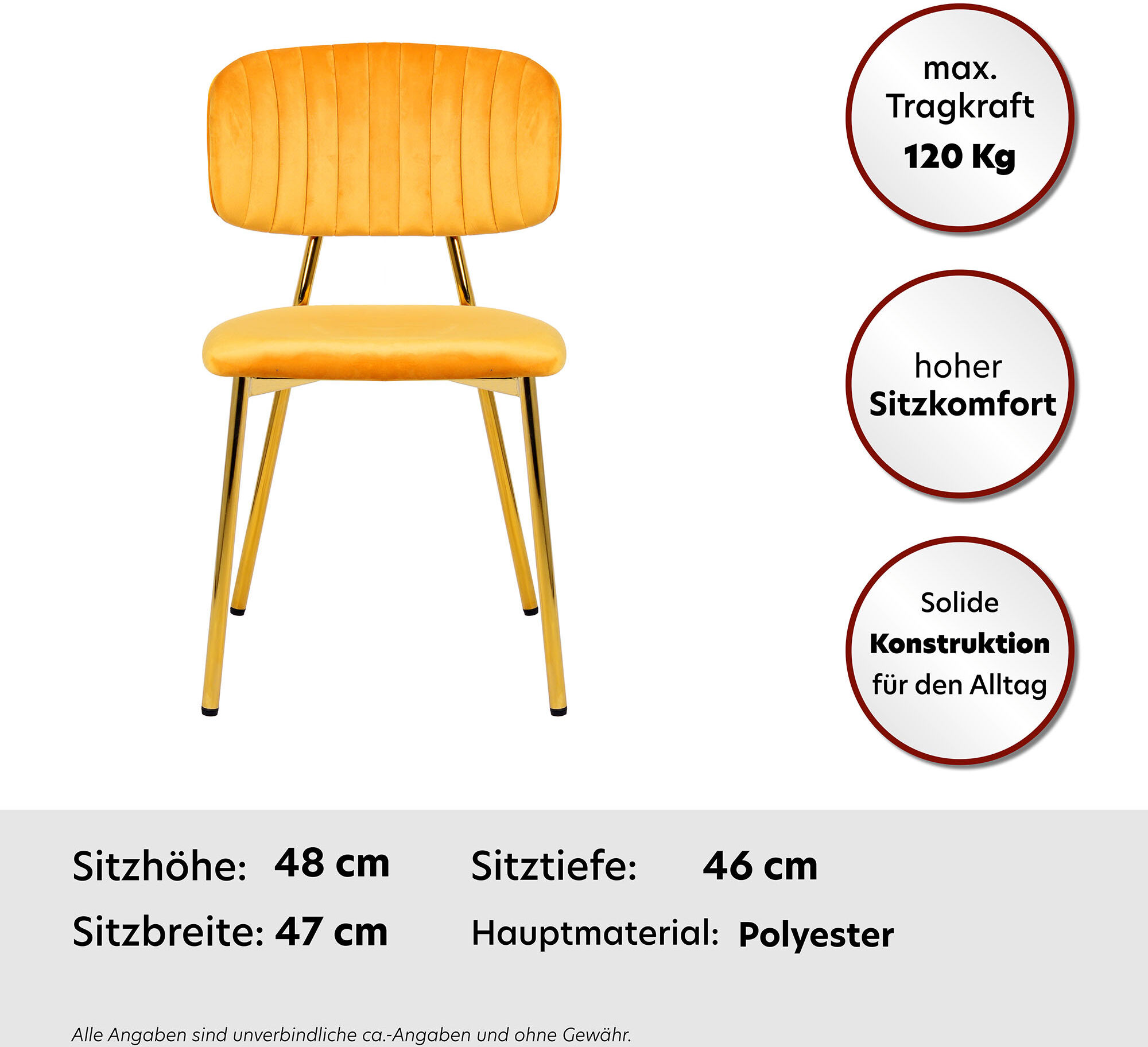 Kayoom "Stuhl Giselle 125 2er-Set, pflegeleichter Samtbezug" (Set) 2 Stk.mit Armlehnen, goldenes Gestell aus Edelstahl, Samtbezug, Ziernähte hellorange B/H/T: 51cm x 80cm x 47cm, 2 Stk.