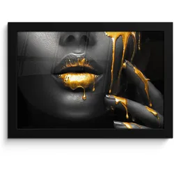 POSTER MIT RAHMEN Frau - Schwarz - Gold - Gesicht - Lippen 30x20 cm