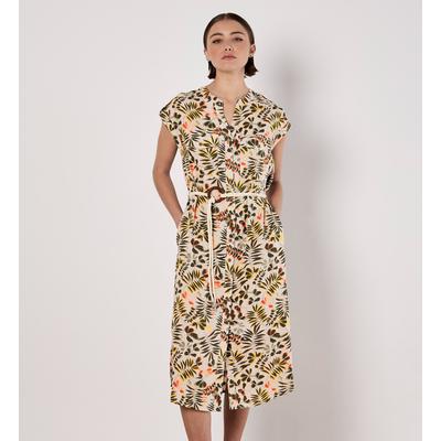 Midikleid APRICOT "Midi-Hemdkleid mit Blätterdruck", Damen, Gr. XS (34), N-Gr, weiß (stein), Obermaterial: 73% Viskose CV. 27% Leinen LI., gemustert, Kleider Midikleid, mit Gürtel