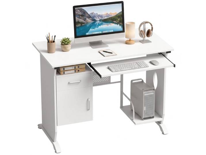 Bureau informatique - HOMCOM - tablette clavier coulissante - tiroirs et support d'unité centrale - bois - 100x52x75cm - blanc