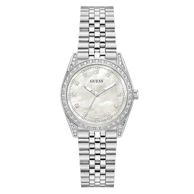Quarzuhr GUESS "JADA", silber (silberfarben, weiß, silberfarben), Armbanduhren, Damen, silberfarben, Quarzuhr, Armbanduhr, Damenuhr, Edelstahlarmband, analog