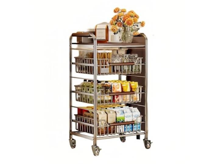 Kx9Lb8d Rollwagen Ausziehbarer Rollwagen aus Edelstahl, beweglicher Snack-Aufbewahrungsregal-Organizer(Klein)