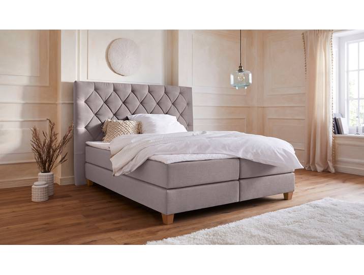 Boxspringbett, Grau, 203x210 cm, Struktur (100% Polyester), 2 Matratzen H2 & H3, Klassisch, Home-affaire