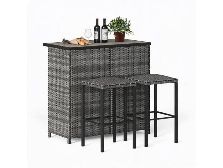 IDEALHOUSE Platzsparendes 3-tlg. Polyrattan Garten-Barset 105 cm – Bartisch mit Ablagen & DPC-Tischplatte, 2 wetterfeste Barhocker, Stahlgestell, für Balkon/Terrasse/Garten – Grau (Farbverlauf-Rattan,