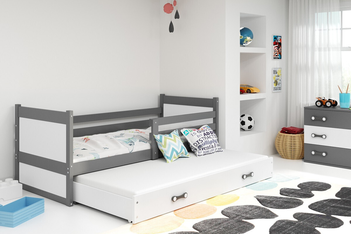 Kinderbett mit Zustellbett und Matratzen 90x200 FERGUS - Graphit / Weiß