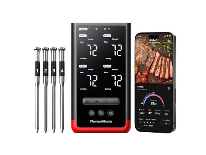 ThermoMaven P4 Fleischthermometer Kabellos mit APP, 4 Sonden, 6 Sensoren WiFi & Bluetooth 5.3, ±0,3°C Präzise, IPX8 Wasserdicht, NIST & NSF Zertifiziert, Grillthermometer Kabellos, Bratenthermometer