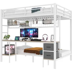 MODFU Hochbett 140x200 Eisenrahmen, Schubladen, Schreibtisch, LED-Beleuchtung, USB-Anschluss, Weiß – Multifunktionales Bett