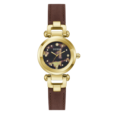 Quarzuhr GUESS "GINGER", gold (braun, bunt), Armbanduhren, Damen, Quarzuhr, Armbanduhr, Damenuhr, Lederarmband, analog