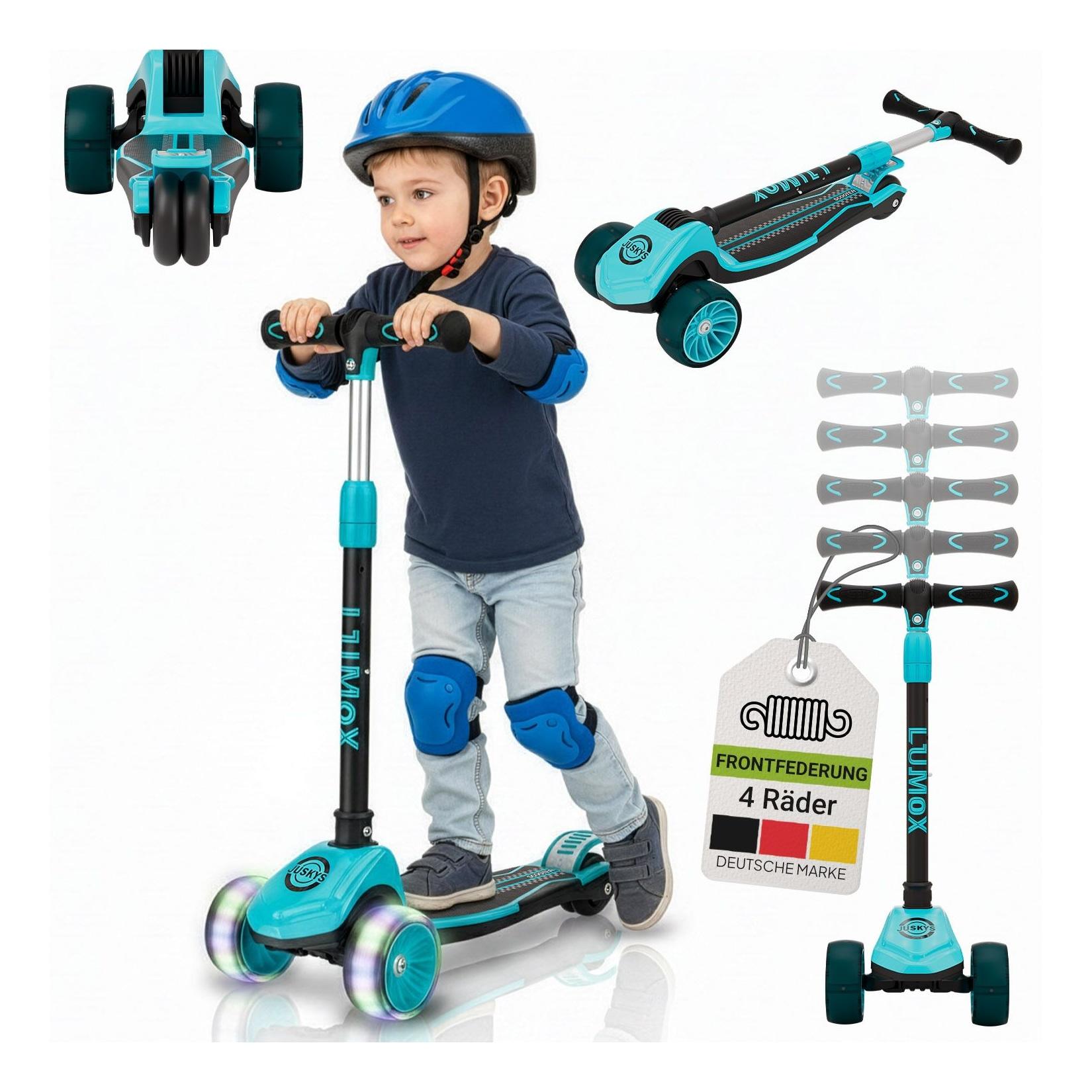 JUSKYS® Kinderroller Lumox Blau - LED-Rollen mit 4-Farb-Blinkeinstellung, höhenverstellbarer Kinderscooter, klappbar & Hinterradbremse, Dreiradscooter