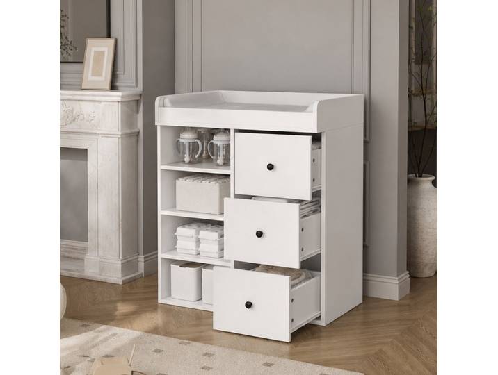 REDOM Wickelkommode Design-Wickelmöbel – 2-in-1, abnehmbar & vielseitig, Schubladen, offene Fächer, weiße Optik, 82×50×100 cm