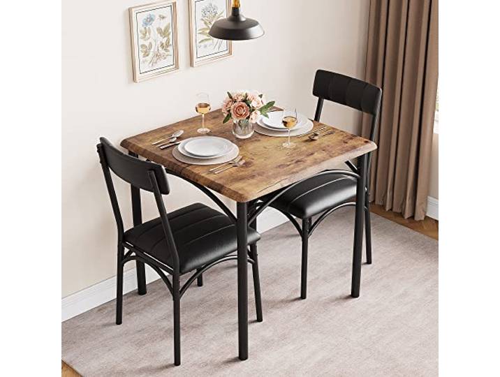 GarveeMore 3-Teiliges Esstischset Für 2 Personen, Kleiner Küchentisch Mit Gepolsterten Stühlen, Quadratischer Holztisch Mit Sitzpolster, Platzsparendes Essset Für Wohnung, Braun