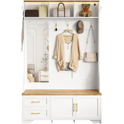 Multifunktionaler Garderobenschrank 120x40x187 cm mit LED-Beleuchtung, Spiegel und Haken in Weiß und Holzfarbe