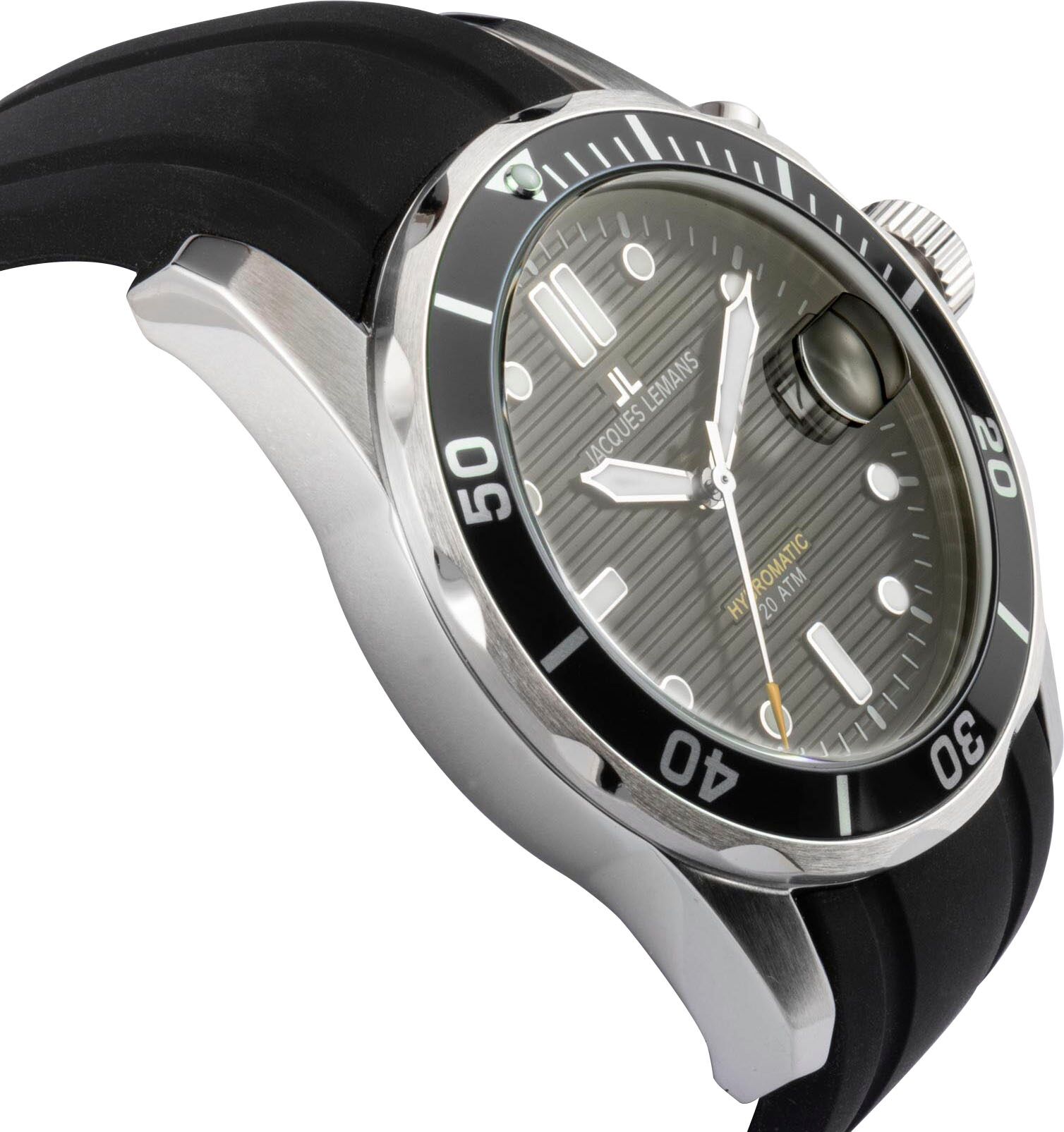 Kineticuhr JACQUES LEMANS "Hybromatic", schwarz (schwarzfarben, schwarz), Armbanduhren, Herren, silberfarben, Kineticuhr, Armbanduhr, Herrenuhr, Silikonarmband, analog, Tag