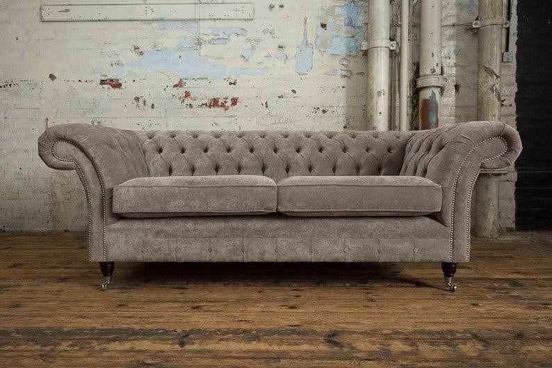 Luxus Chesterfield 3-zits bank in grijs fluweel