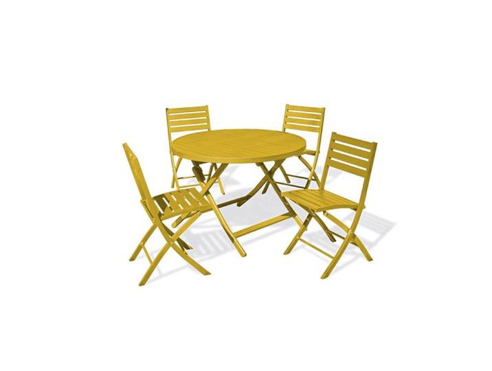 Ensemble repas de jardin rond en aluminium (4 places) - Jaune moutarde - MARIUS
