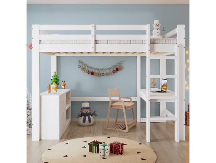 Lit mezzanine 90x200 blanc en pin et MDF avec bureau rangements et échelle