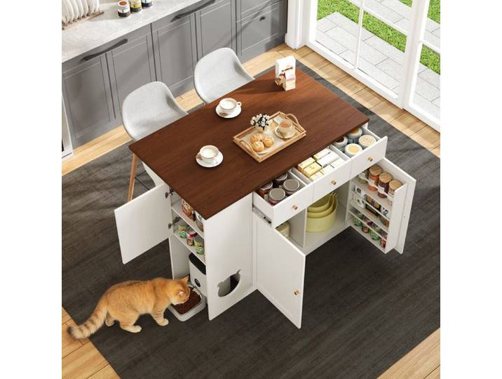 ilot central cuisine avec tiroirs Desserte avec plan de travail coulissant et espace pour nourrir les animaux Blanc et Noyer