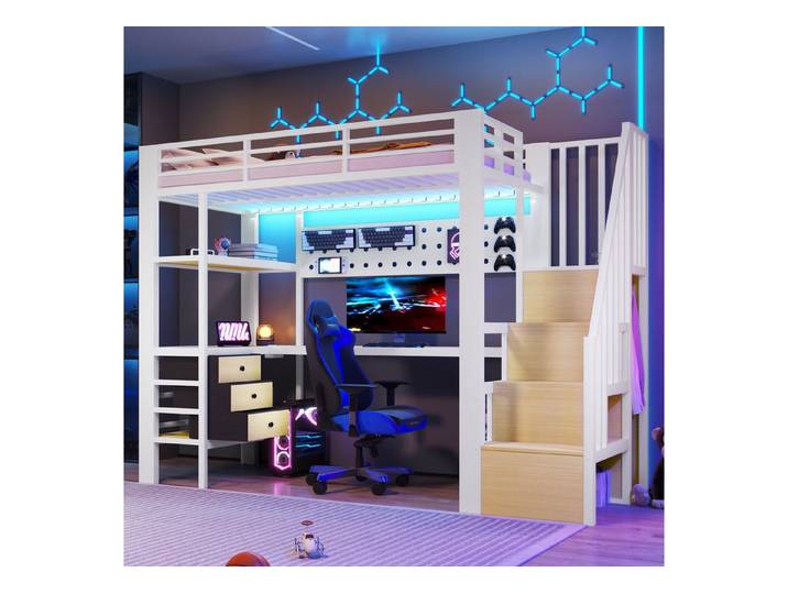 Flieks Hochbett Metallbett 90x200cm mit LED-Licht, Aufladen, Schreibtisch, Schubladen
