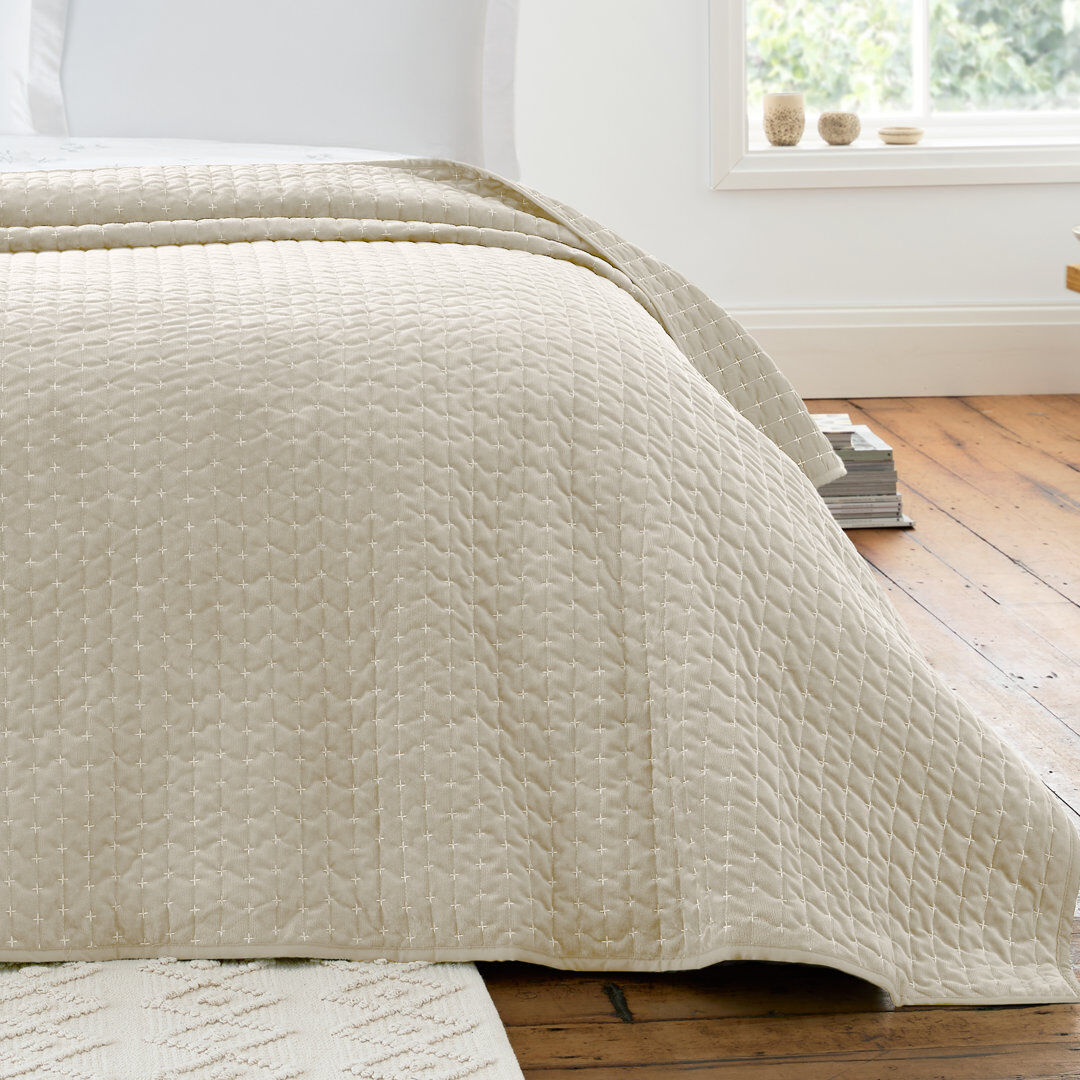 Bianca Cotton Attica Velvet Embroidered Bedspread Natural