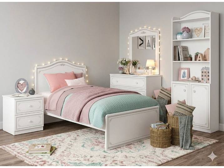 Möbel-Zeit Jugendzimmer-Set Selena Grey Kinderzimmer-Set, 5-tlg. – Weiß mit grauen Ornamenten