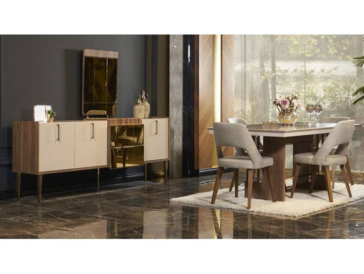 Xlmoebel Esszimmer-Set Beiges Esszimmer-Ensemble mit Tisch, Stühlen, Kommode und Spiegel, (7-St., 7tlg Esszimmer Set(Esstisch+4x Stuhle+Kommode+ Spiegel), Hergestellt in Europa