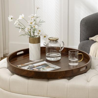 KINWELL Round Black Walnut Wood Serving Tray Ottoman Tray with Handles