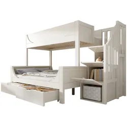 OKWISH Weißes Etagenbett im Schlitten Design mit Leiterschrank, Doppelbett unten 140x200 cm und Einzelbett oben 90x200 cm, Schubladen Stauraum MDF Holzoptik