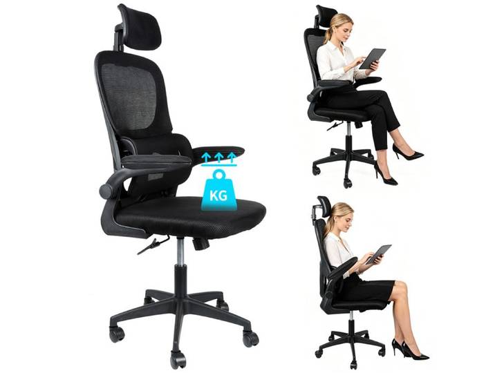 KEDIA Chaise Ergonomique Fauteuil de Bureau Confortable avec Accoudoirs 3D Coussin D'Assise Généreux (125X65.5X64) noir