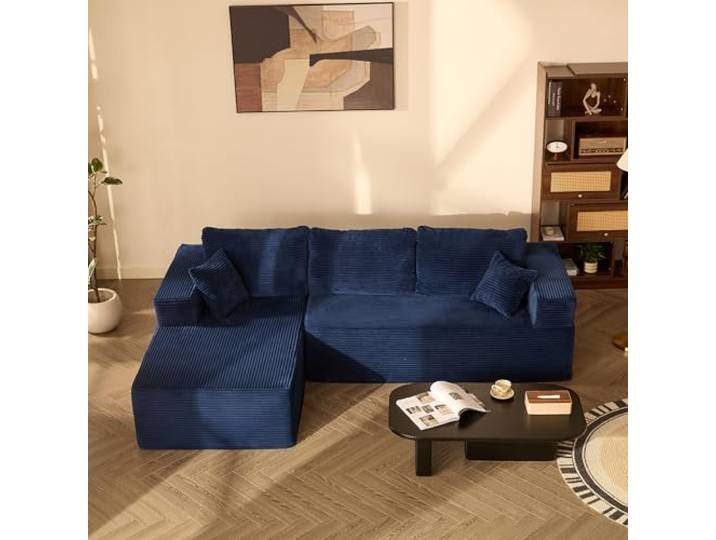 Litbird Modulares L-förmiges Ecksofa mit Schlaffunktion – rahmenloses Schlafsofa mit Chaiselongue Links, extra tiefer Sitzfläche, montagefrei, für Wohnzimmer, Navyblau