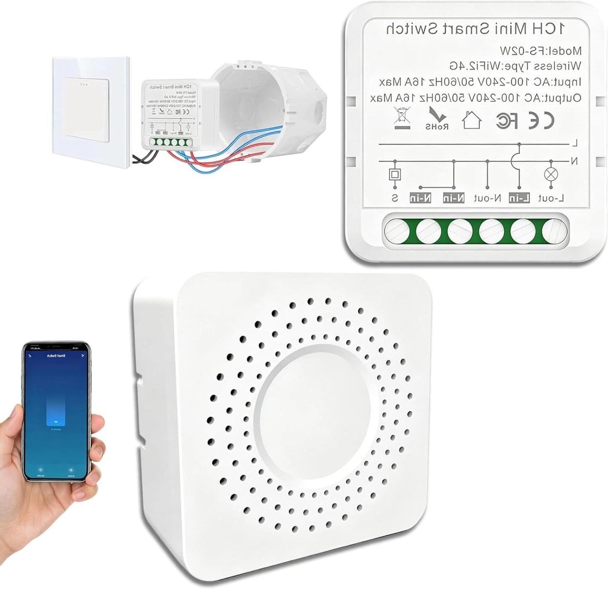 Slimme Wifi Lichtschakelaar voor Smart Home Verlichting - Wit - 42 x 42 mm