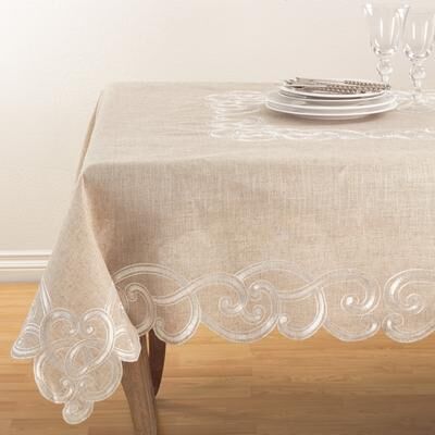 Saro Lifestyle Embroidered Scallop Design Natural Linen Blend Tablecloth