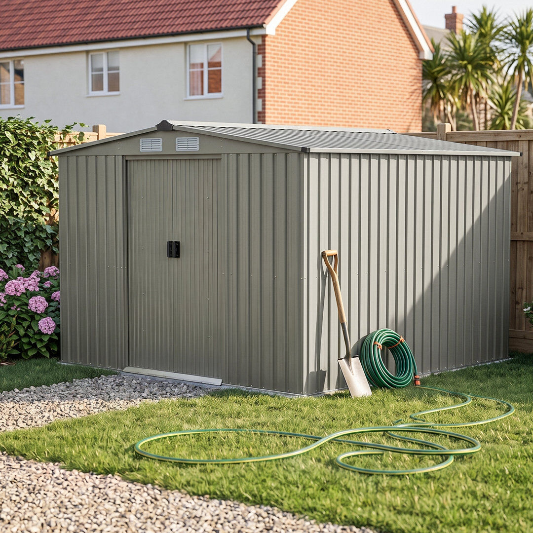 Garden Sanctuary 8x8FT Apex Roof Metal Garden Storage Shed with Sliding Door Grey Aluminium 260cm W X 247cm D X 178cm H
