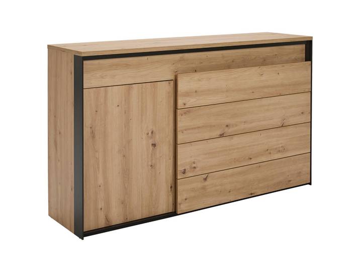 Hom`in Sideboard, Schwarz, Eiche Artisan, 1 Fächer, 4 Schublade(n) Schubladen, warmweiß, 154x91x42 cm, Beleuchtung, Wohnzimmer, Kommoden & Sideboards, Sideboards