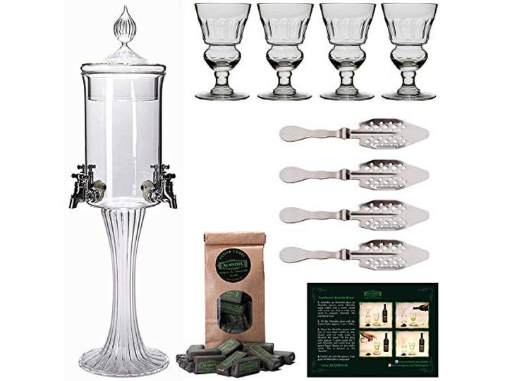 Absinth Zubehör Set Chat IV von ALANDIA 1x Absinth Fontäne 4x Gläser mit Reservoir 4x Löffel aus Edelstahl 1x Zuckerwürfel